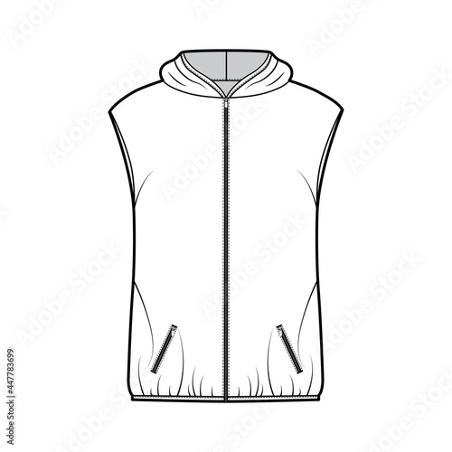 Hooded Down vest puffer waistcoat technical fashion illustration with zip-up closure, pockets, oversized body, hip length. Flat template front, white color style. Women, men, unisex top CAD mockup