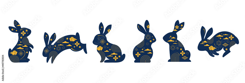 Fototapeta premium Mid Autumn Festival. Chuseok, Chinese wording translation - Mid Autumn. Mooncake, bunnies, rabbits and moon, background and poster