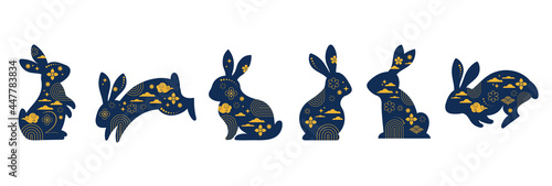 Mid Autumn Festival. Chuseok, Chinese wording translation - Mid Autumn. Mooncake, bunnies, rabbits and moon, background and poster