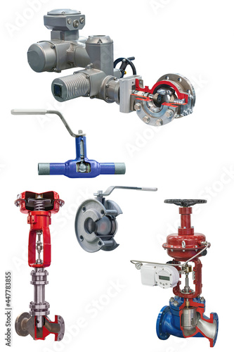 five state-of-the-art manual and automatic shut-off valves for gas pipeline isolated on a white background. Transverse section