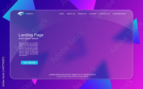 Website landing page vector template. Abstract colorful background for webpage and application with glassmorphism effect
