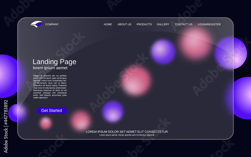 Website landing page vector template. Black background with colorful balls for webpage and application with glassmorphism effect