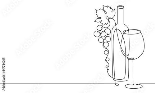 Wine glass, a bottle of wine and grapes. Still life. Sketch. Draw a continuous line. Decor