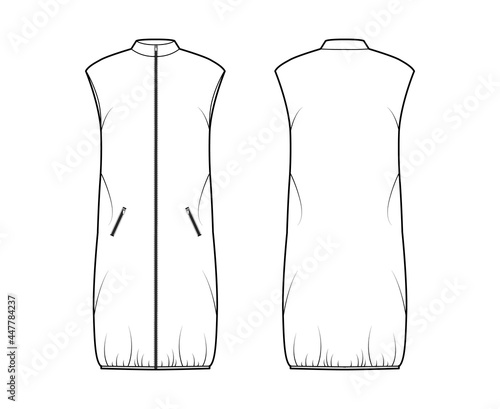 Down vest puffer waistcoat technical fashion illustration with sleeveless, zip-up closure, pockets, loose fit, knee length. Flat template front, back, white color style. Women, men, unisex top mockup