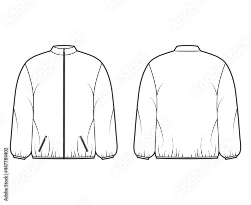 Puffer coat jacket technical fashion illustration with long sleeves, stand collar, zip-up closure, boxy fit, hip length. Flat template front, back, white color style. Women, men, unisex top CAD mockup