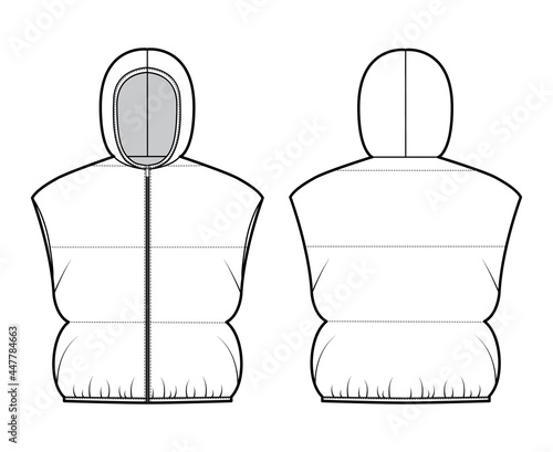 Hooded Down vest puffer waistcoat technical fashion illustration with zip-up closure, loose fit, crop length, wide quilting. Flat template front, back, white color style. Women, unisex top CAD mockup