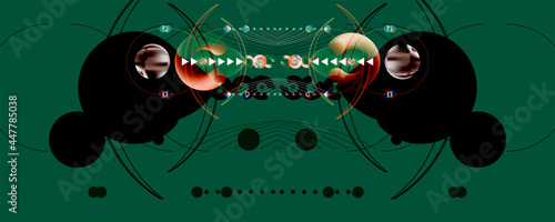 Abstract futuristic Dark background 3d balls vector illustration pearls gentle pastel shades Japanese restrained style. Charm of a jewelry graphic with lines and beads. Stock vector graphics