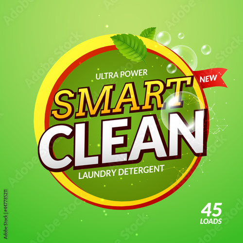 Laundry detergent smart clean design cleaner. Wash powder product template. Package design background