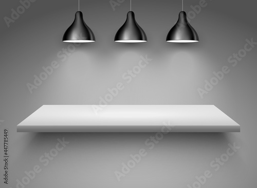 Spotlight shelf on wall background vector design. Light gallery spot empty room advertising shelf white lamp