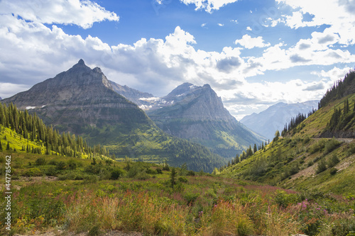 View into valley and mountains in Glacier National Park, Montana, USA