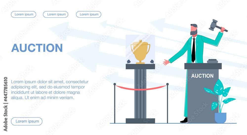 A businessman conducts an auction, and there is a trophy on a pedestal nearby flat vector illustration A businessman conducts an auction, and there is a trophy on a pedestal nearby flat vector illustration
