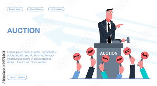 A businessman holds an auction, people hold bidding signs flat vector illustration