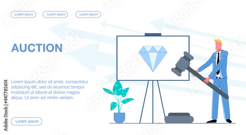 A businessman holds an auction, with a diamond lot next to it flat vector illustration