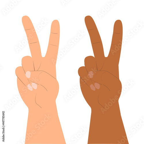 Two hands of different races show the sign "V".Peace fingers gesture. Vector human hands isolated on white background.