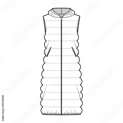 Hooded Down vest puffer waistcoat technical fashion illustration with sleeveless, oversized, midi length, classic quilting. Flat template front, white color style. Women, men, unisex top CAD mockup