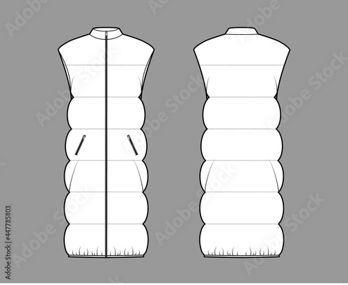 Down vest puffer waistcoat technical fashion illustration with sleeveless, stand collar, pockets, oversized, wide quilting. Flat template front, back, grey color style. Women, men, unisex CAD mockup