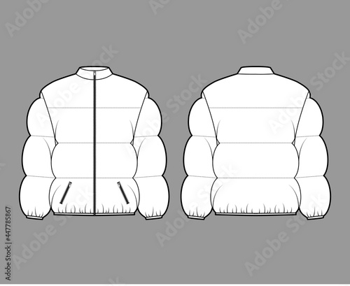 Down puffer coat jacket technical fashion illustration with stand collar, pockets, boxy fit, hip length, wide quilting. Flat template front, back, white color. Women, men, unisex top CAD mockup