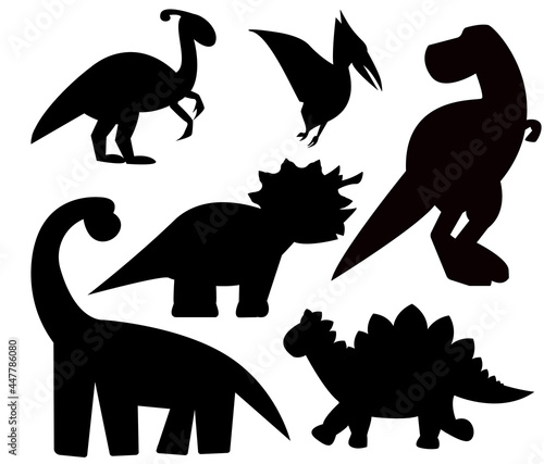 Silhouettes of different dinosaurs. Vector  brachiosaurus, triceratops,parasaurolophus,stegosaurus, tyrannosaurus rex on a white background.