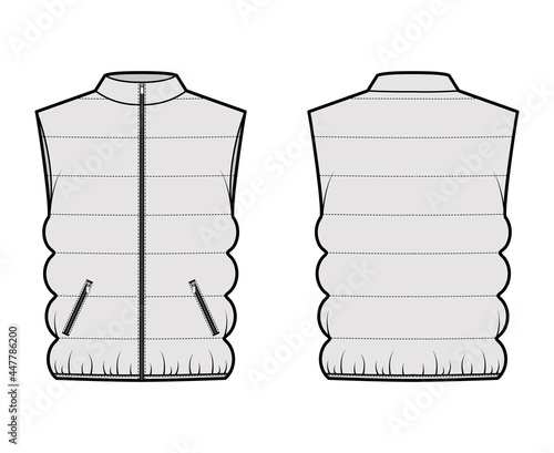 Down vest puffer waistcoat technical fashion illustration with stand collar, zip-up closure, pockets, oversized, classic quilting. Flat template front, back, grey color. Women, men, unisex top mockup