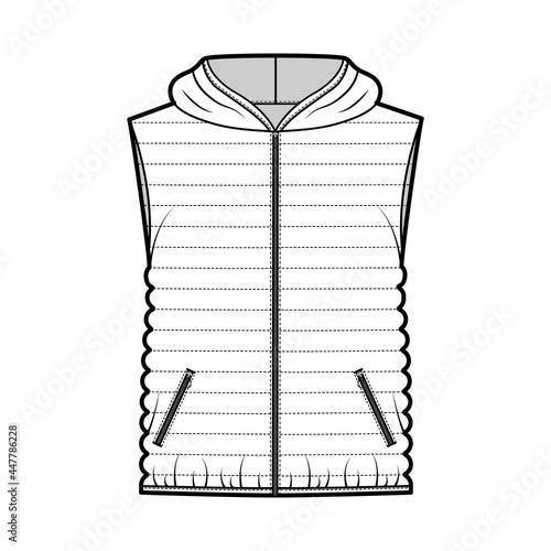 Down vest puffer waistcoat technical fashion illustration with sleeveless, hoody collar, zip-up closure, hip length, narrow quilting. Flat template front, white color style. Women, men top CAD mockup