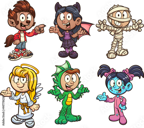Halloween kids wearing different costumes. Vector clip art illustration with simple gradients. Each on a separate layer. 
