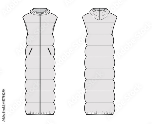 Down vest puffer waistcoat technical fashion illustration with sleeveless, hoody collar, zip-up closure, pockets, wide quilting. Flat template front, back, grey color style. Women, men, unisex top CAD