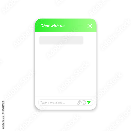 Chatbot window mockup. Life chat form. Virtual assistant bot layout. Online customer support conversation template. Mobile messenger app design. Vector illustration.