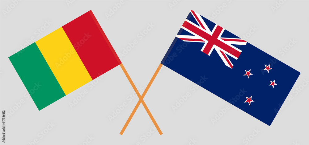Crossed flags of Guinea and New Zealand. Official colors. Correct proportion