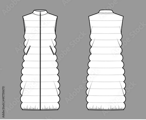 Down vest puffer waistcoat technical fashion illustration with sleeveless, stand collar, zip-up closure, oversized, classic quilting. Flat template front, back, white color style. Women, men top CAD