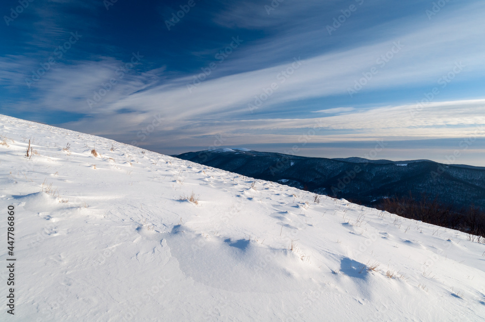 Bieszczady in winter seen from the top of Polonina Wetlinska, the Bieszczady Mountains, the Carpathians, Wielka Rawka Bieszczady in winter seen from the top of Polonina Wetlinska, the Bieszczady Mountains, the Carpathians, Wielka Rawka