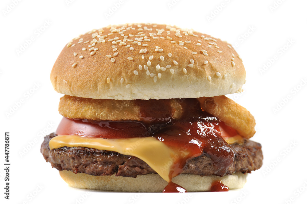 Cheese burger with onion rings
