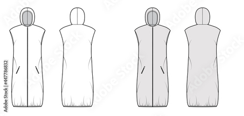 Down vest puffer waistcoat technical fashion illustration with hoody collar, pockets, loose fit, knee length. Flat template front, back, white, grey color style. Women, men, unisex top CAD mockup