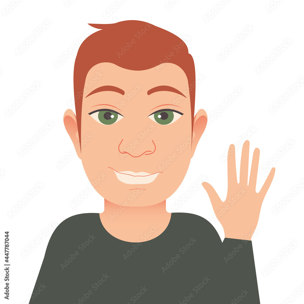 Avatar of a modern young guy working remotely and speaking via video link. The man is on a white background. Male image for printing on clothes, websites, applications, web banners. 