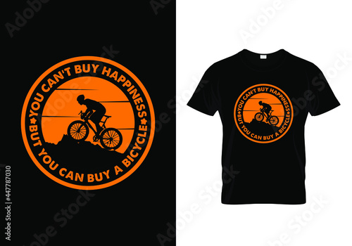 Motivational Typography Retro T-shirt design For Bicycle Rider with a message You can't buy happiness but you can buy a bicycle. Rounded retro tee graphic contains a bicycle rider on the hill