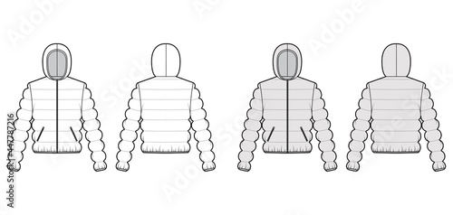 Hooded jacket Down puffer coat technical fashion illustration with zip-up closure, pockets, classic quilting. Flat template front, back, white, grey color style. Women, men, unisex top CAD mockup