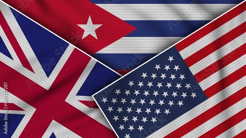 Cuba United States of America United Kingdom Flags Together Fabric Texture Effect Illustration