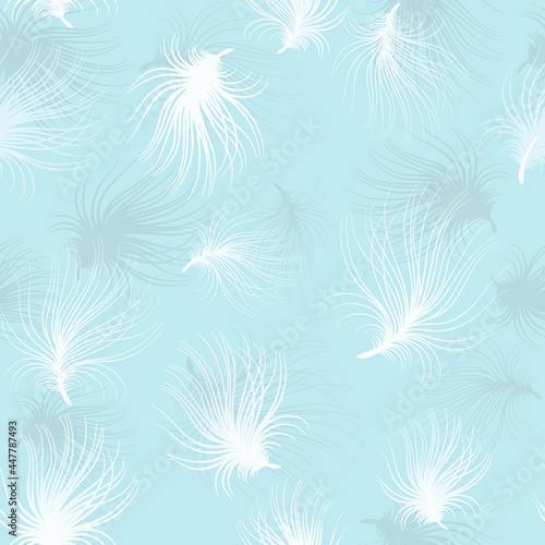 Doodle hand drawn white dandelion fluffs on blue. seamless minimalistic pattern. Endless pattern for wallpaper, pattern fills, web page background, textures. Hand drawn, botany © tinkerfrost