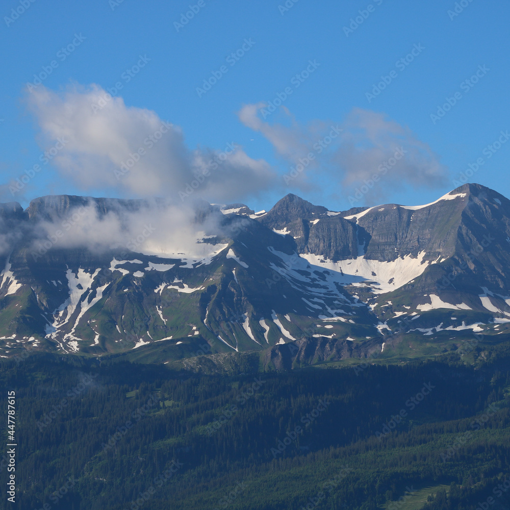 Mountains Gassenhorn and Faulhorn seen from Planalp, Brienz. Summer scene in the Swiss Alps.