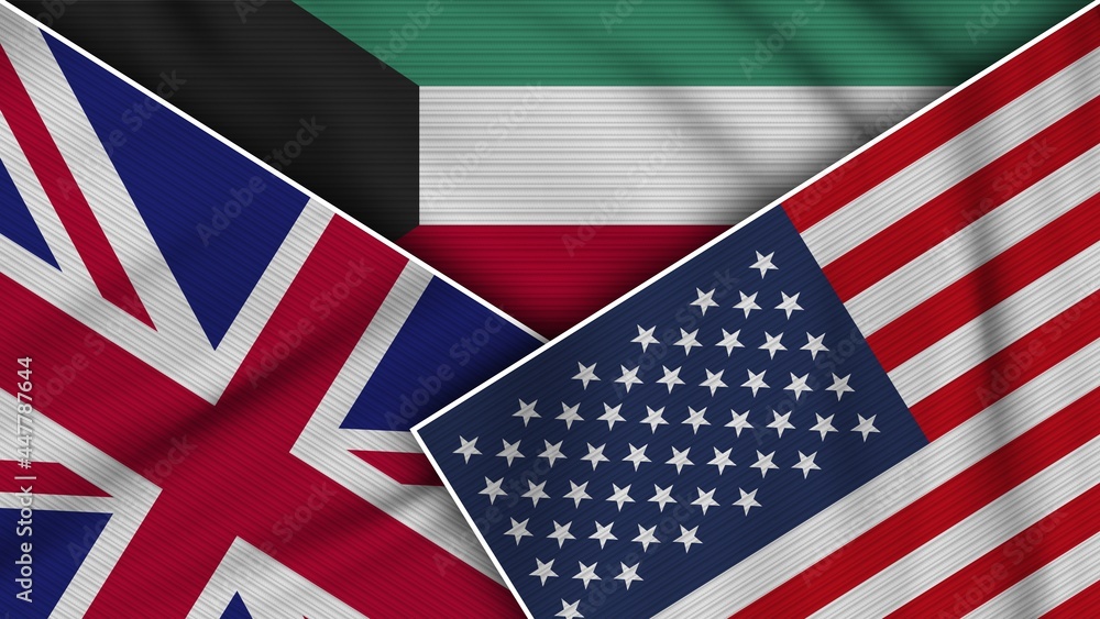 Kuwait United States of America United Kingdom Flags Together Fabric Texture Effect Illustration Kuwait United States of America United Kingdom Flags Together Fabric Texture Effect Illustration