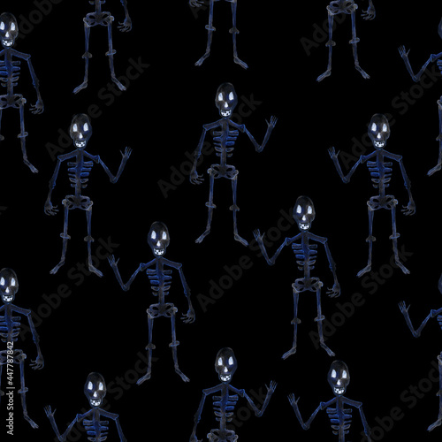 Watercolor seamless background illustration with skeletons. An illustration for printing. Print for a T-shirt. A sample for a party. Decor for a children's holiday.