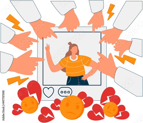 Social media bullying. Haters pointing fingers frim monitor at victim, laughing at crying girl. Flat vector illustration for hate, violence, stress, online abuse concept