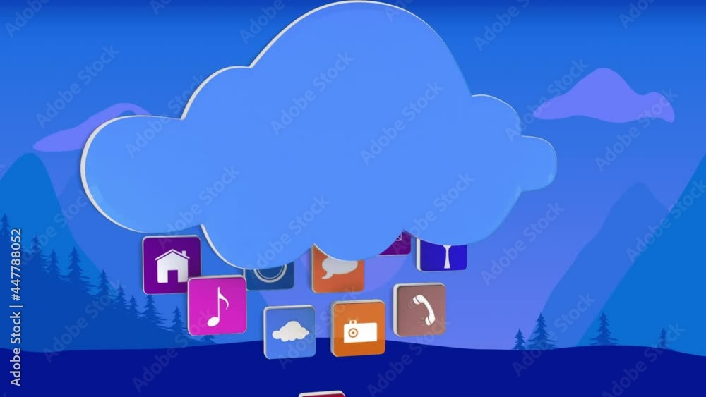 Animation of blue cloud and digital icons floating over landscape Animation of blue cloud and digital icons floating over landscape