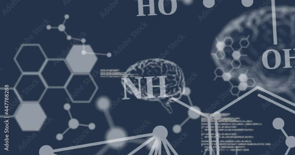 Animation of chemical formulas over human brains and data processing Animation of chemical formulas over human brains and data processing