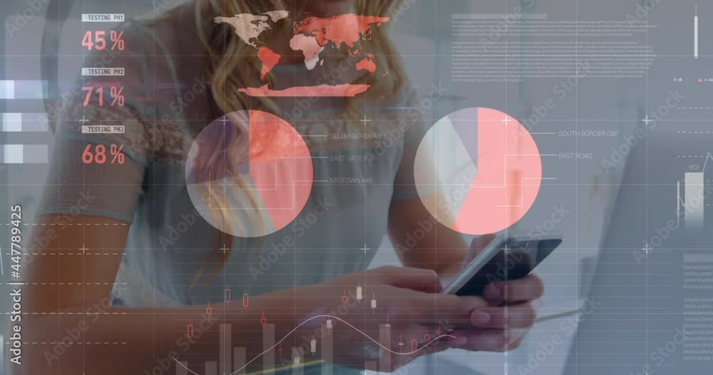 custom made wallpaper toronto digitalAnimation of statistics and data processing over woman using smartphone