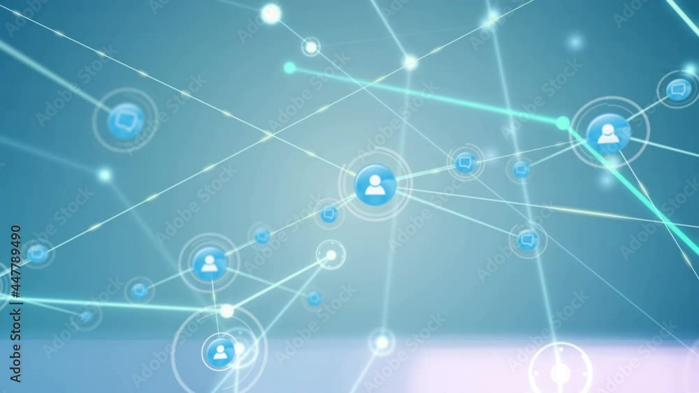Animation of networks of connections with icons over black background Animation of networks of connections with icons over black background