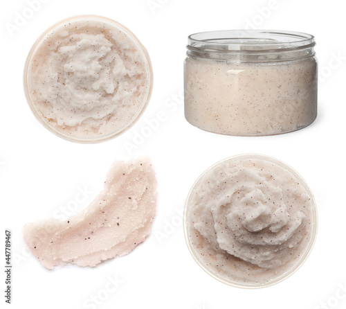 Aromatic body scrubs on white background, collage photo