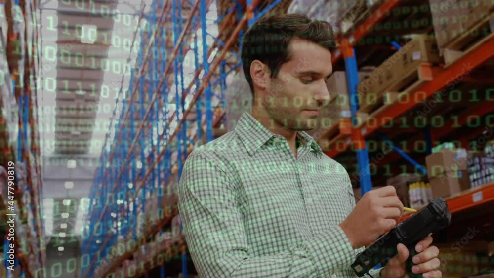Animation of data processing over man writing on clipboard in warehouse Animation of data processing over man writing on clipboard in warehouse