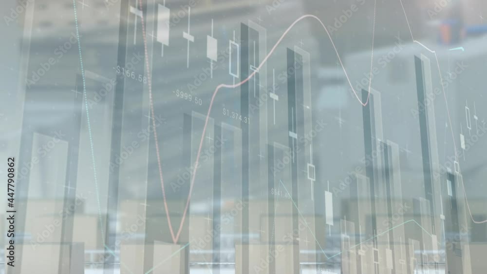 Animation of financial data processing over boxes on conveyor belts in warehouse Animation of financial data processing over boxes on conveyor belts in warehouse