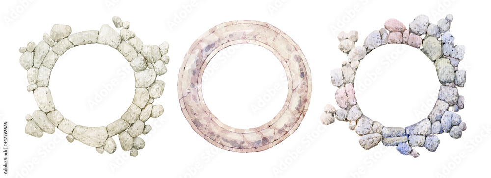 Stone round frame on a white background. Stone portal painted in watercolor. A set of frames made of wild stone and marble. Wild masonry walls with a round opening. Stone round frame on a white background. Stone portal painted in watercolor. A set of frames made of wild stone and marble. Wild masonry walls with a round opening.