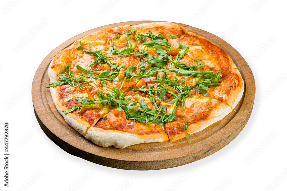Pizza with arugula and shrimp on the board isolated on white Pizza with arugula and shrimp on the board isolated on white